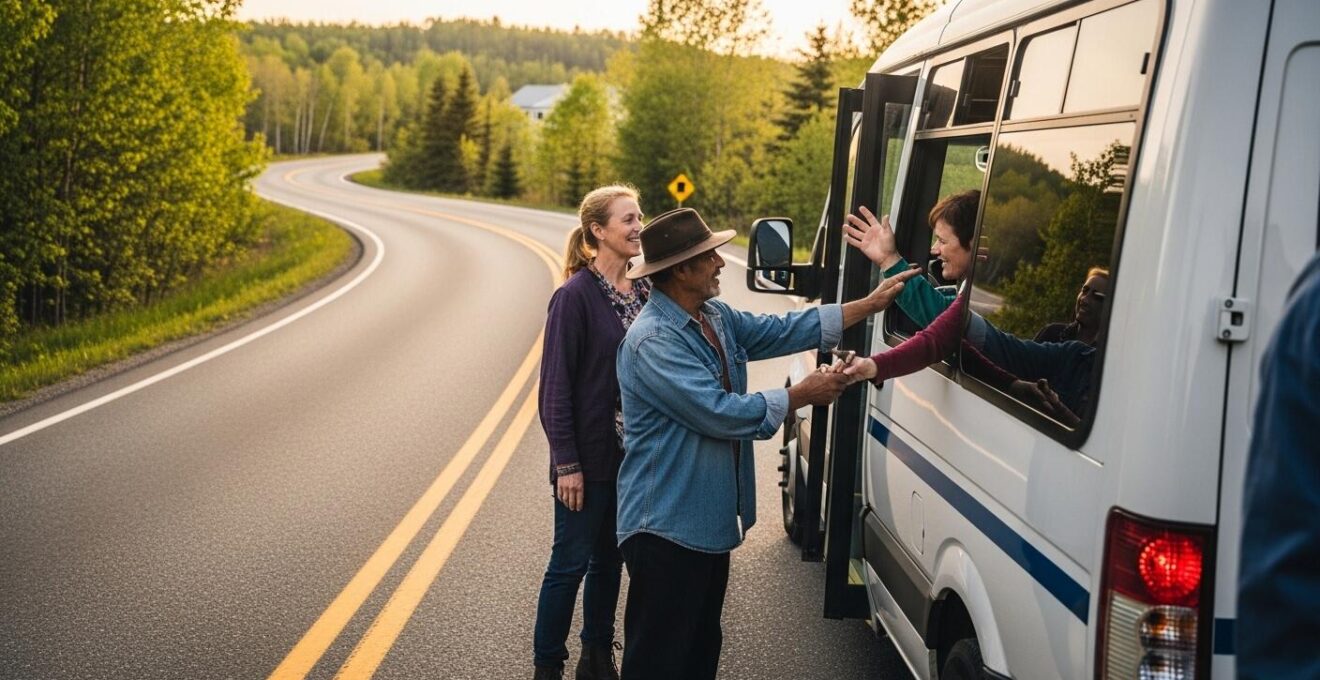Illustration d'un minibus circulant dans une zone rurale du Québec avec des habitants montant et descendant, symbolisant le transport à la demande
