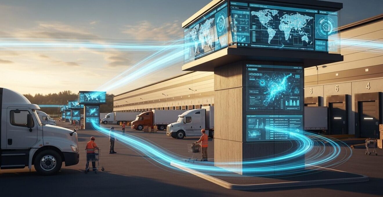 Vue panoramique d'un centre logistique moderne au Québec avec camions, entrepôts et écrans numériques affichant des données en temps réel