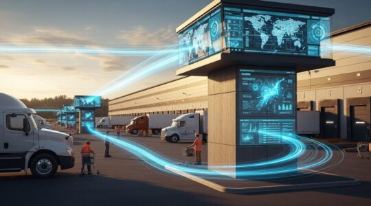 Vue panoramique d'un centre logistique moderne au Québec avec camions, entrepôts et écrans numériques affichant des données en temps réel