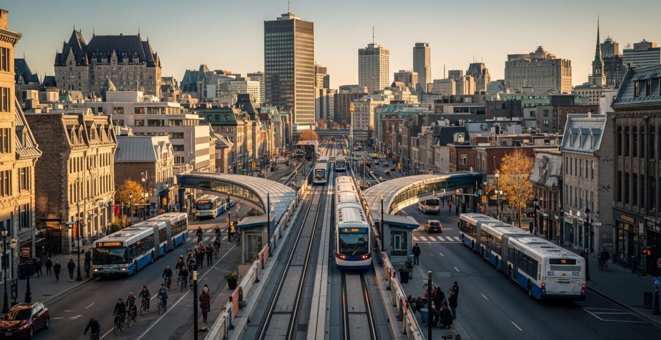 Vue dynamique d'une métropole québécoise avec des infrastructures de transport collectif modernes en pleine activité