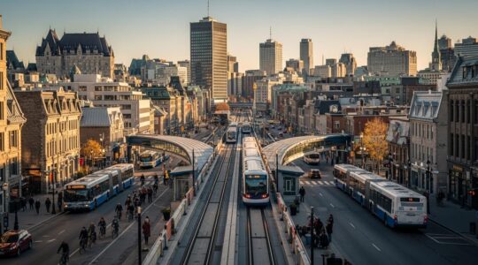 Vue dynamique d'une métropole québécoise avec des infrastructures de transport collectif modernes en pleine activité