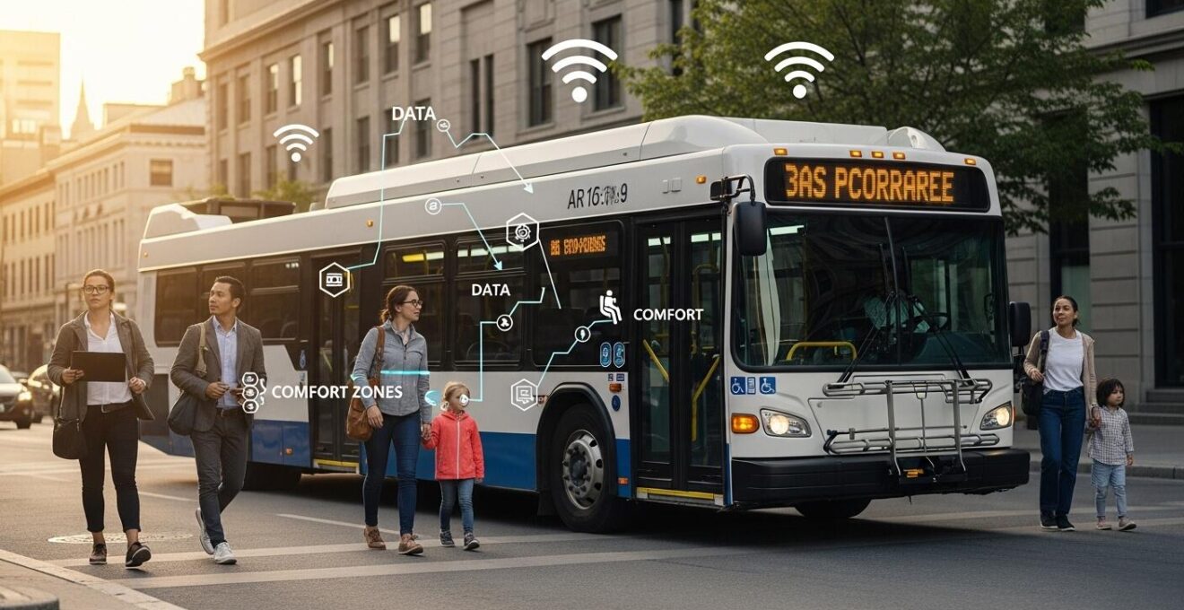 Vue symbolique d'un autobus moderne au Québec avec des icônes de données, confort et personnalisation intégrés