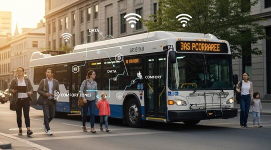 Vue symbolique d'un autobus moderne au Québec avec des icônes de données, confort et personnalisation intégrés