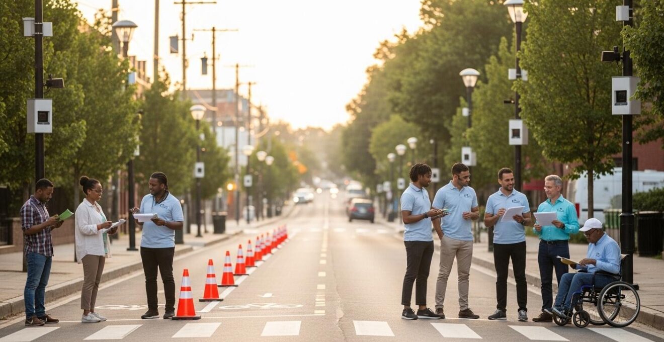 Scène urbaine montrant une piste cyclable temporaire, capteurs de trafic installés et habitants sondés, illustrant l’urbanisme tactique