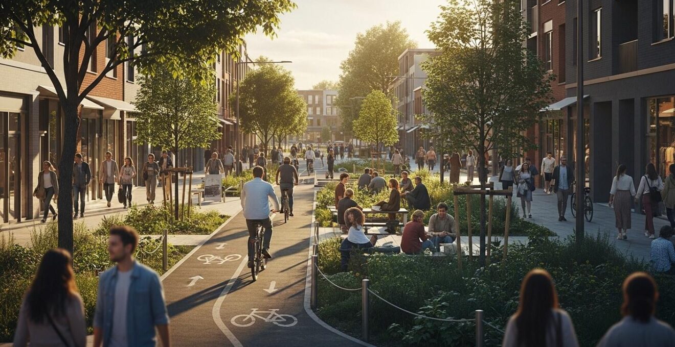 Vue urbaine d’un quartier vivant où l’on voit des personnes marchant, faisant du vélo, commerces de proximité et espaces verts, incarnant la ville du quart d’heure.