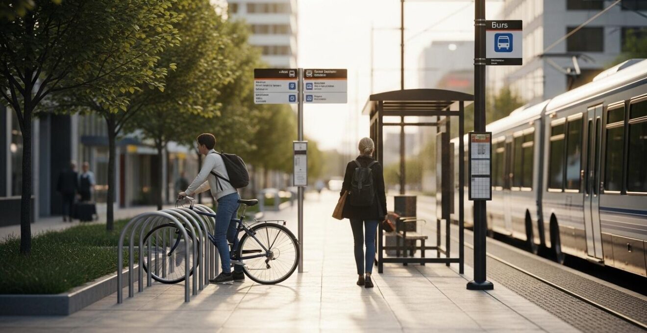 Un voyageur intermodal au Québec combinant vélo, bus et train dans un paysage urbain moderne