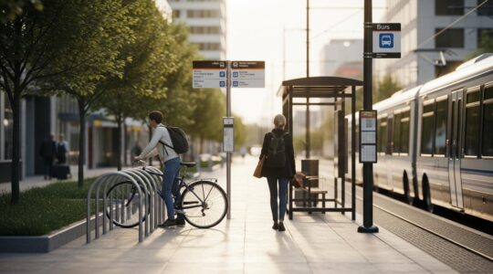 Un voyageur intermodal au Québec combinant vélo, bus et train dans un paysage urbain moderne