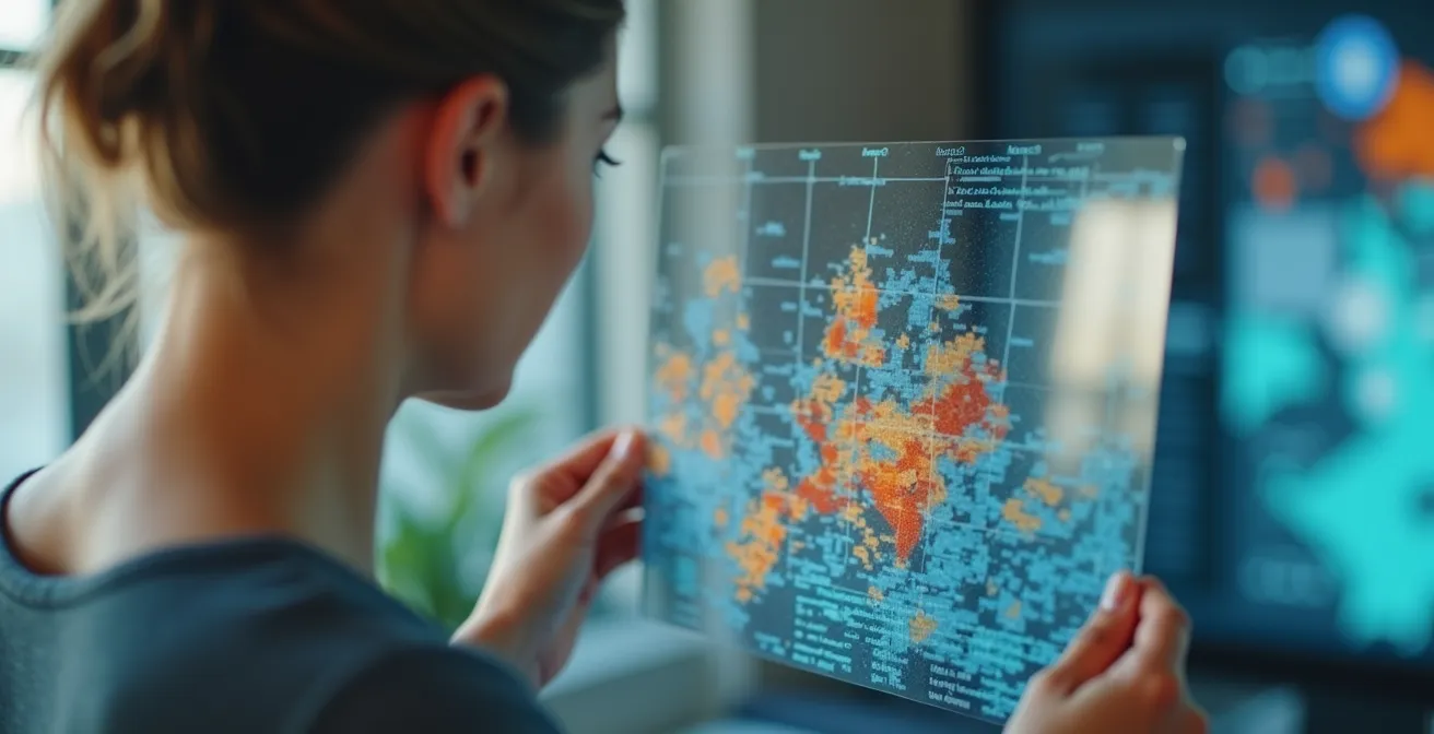 Portrait d'un gestionnaire RH analysant des données de recrutement sur une carte régionale du Québec