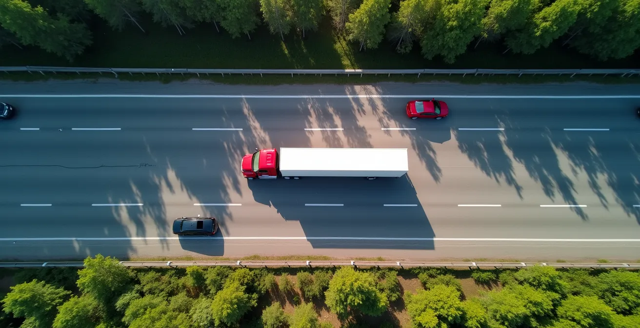 Vue aérienne montrant les zones d'angle mort autour d'un camion 53 pieds sur une autoroute québécoise