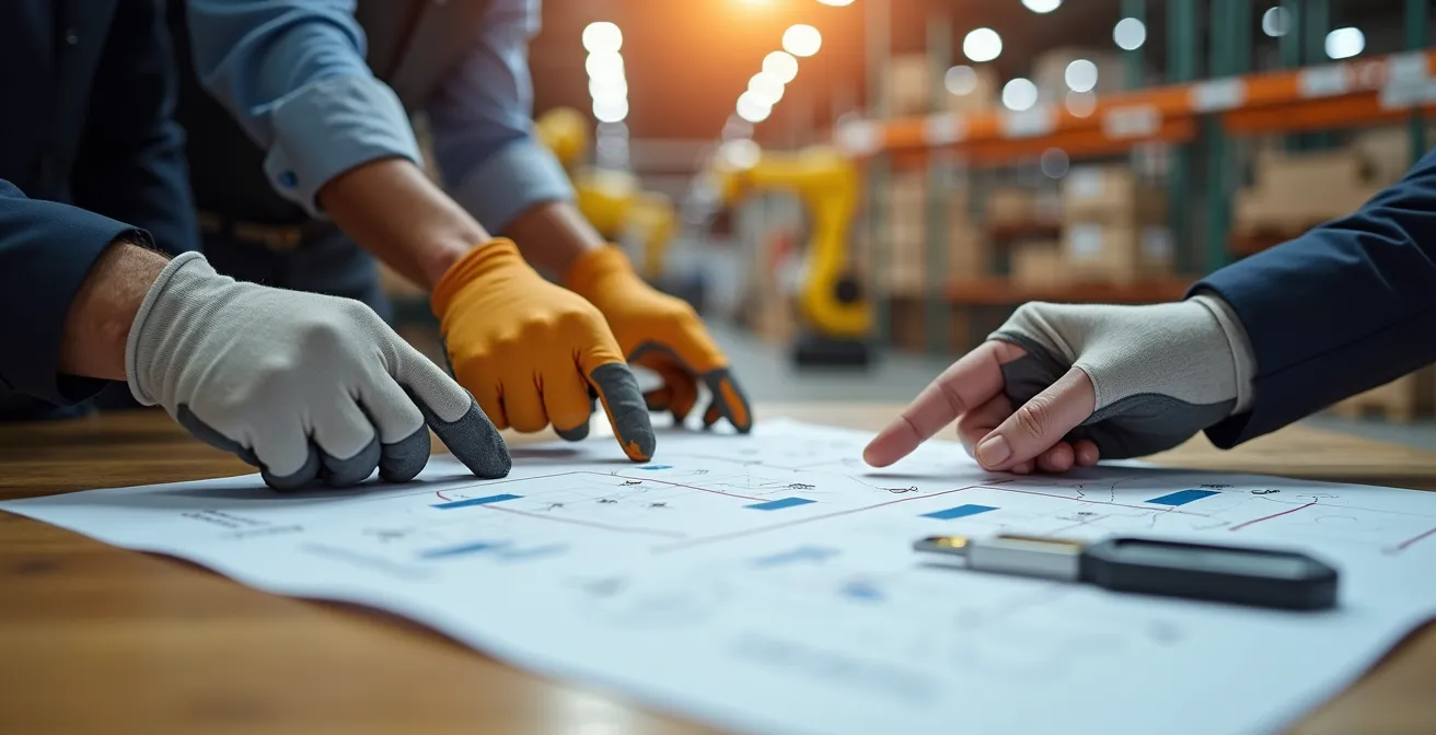 Gros plan sur les mains d'experts analysant des processus logistiques avec un robot en arrière-plan