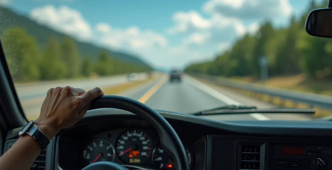 Gros plan sur tableau de bord d'un camion montrant la distance de sécurité optimale sur l'autoroute 20
