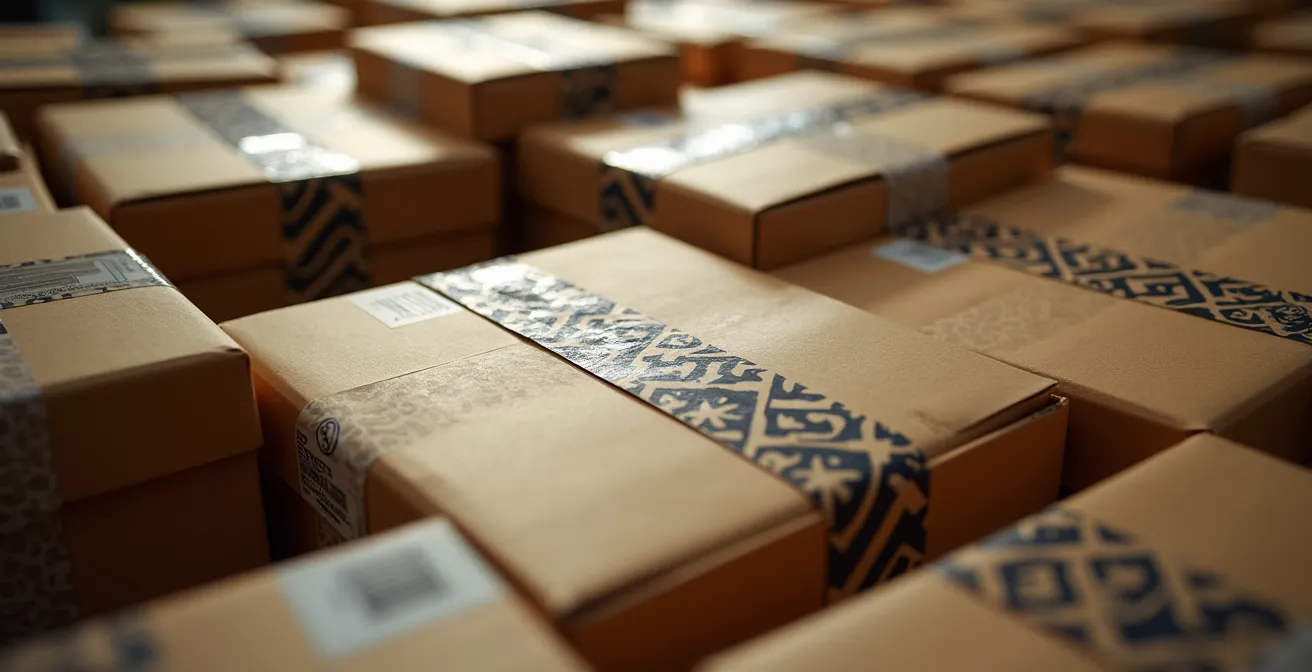 Vue macro détaillée de boîtes de retour empilées créant un motif géométrique complexe