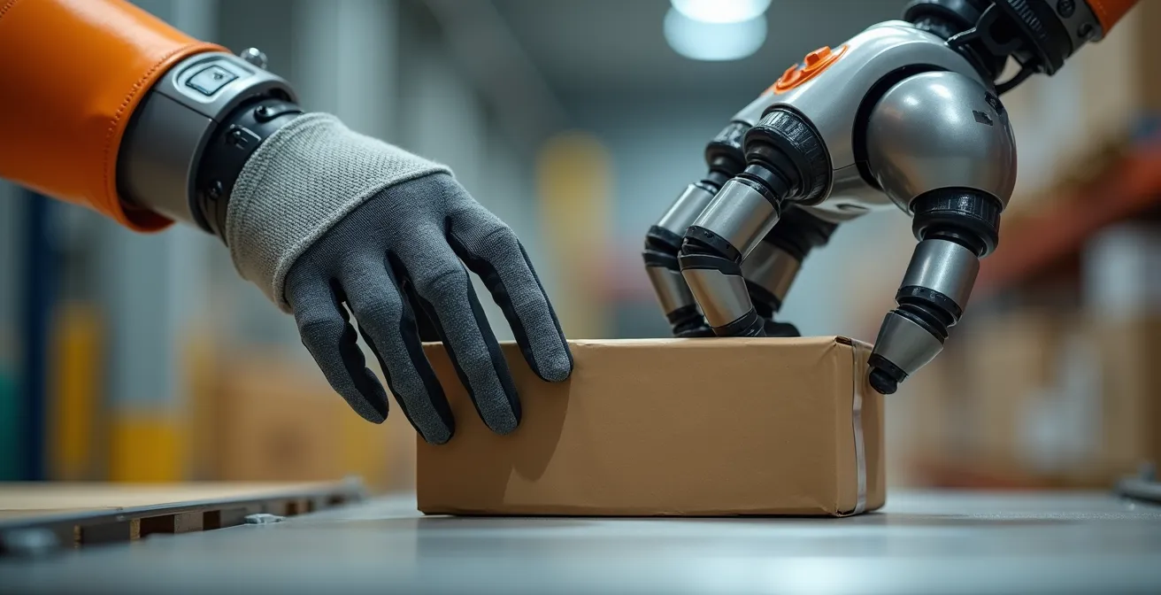 Vue macro détaillée d'une main humaine et d'un bras robotique manipulant ensemble un colis