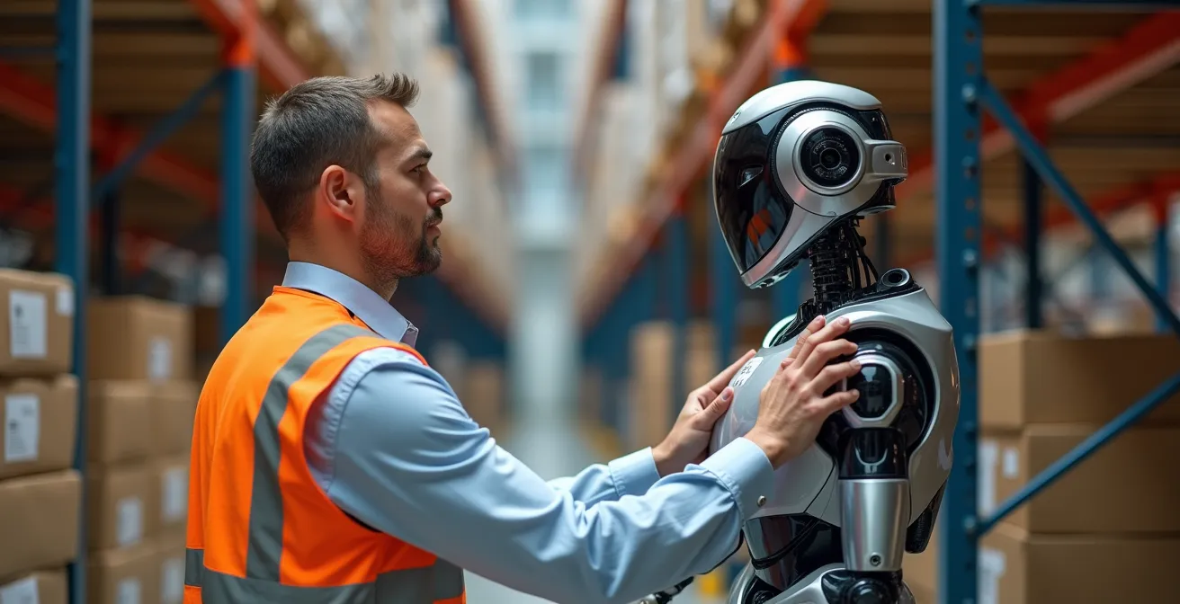 Travailleur collaborant avec robot AMR dans un entrepôt moderne