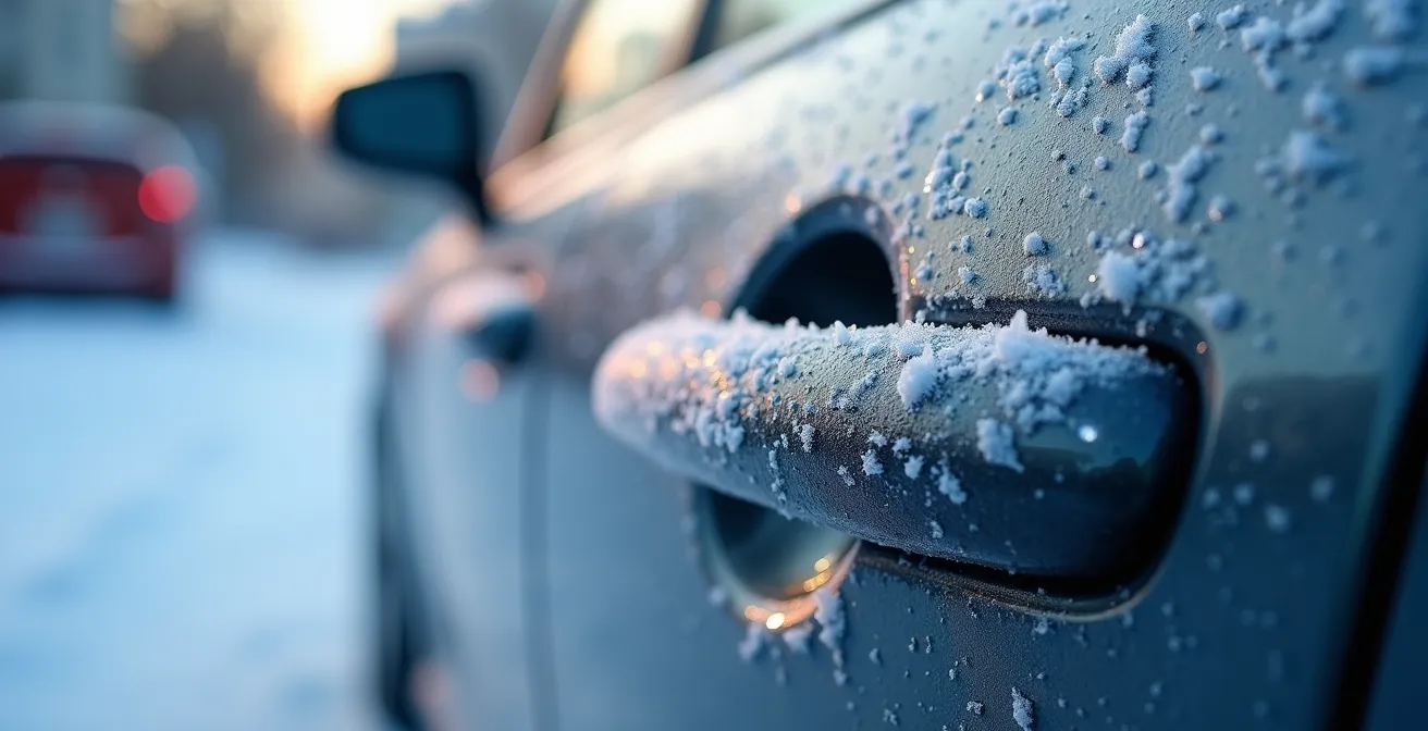 Station d'autopartage en hiver avec véhicules enneigés dans un quartier résidentiel québécois