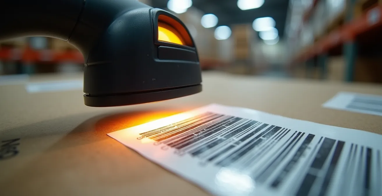 Gros plan macro sur un système de scan de codes-barres vérifiant l'étiquetage d'un colis dans un centre de distribution