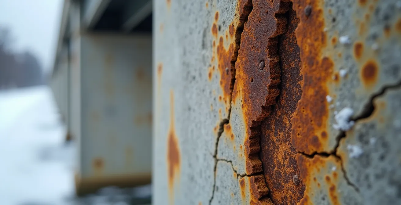 Gros plan sur une pile de pont montrant les effets de la corrosion causée par le sel de déglaçage avec des détails de rouille et d'écaillage du béton
