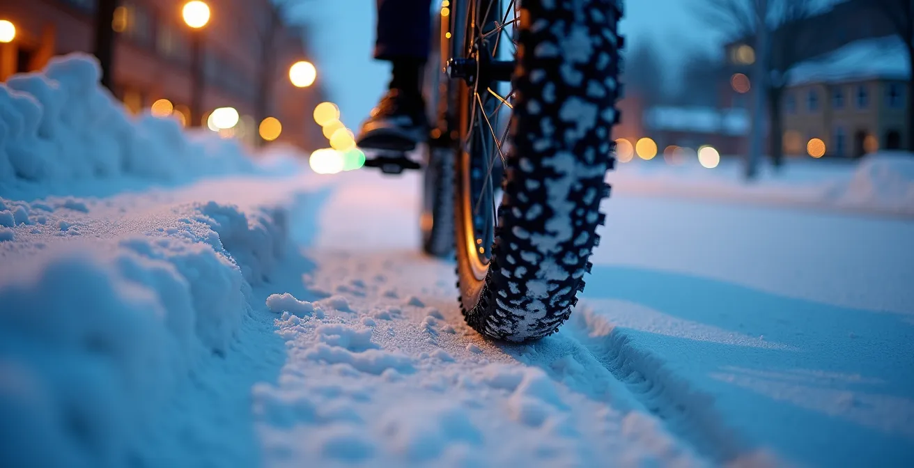Cycliste roulant sur une piste cyclable parfaitement déneigée en hiver avec de la neige accumulée sur les côtés