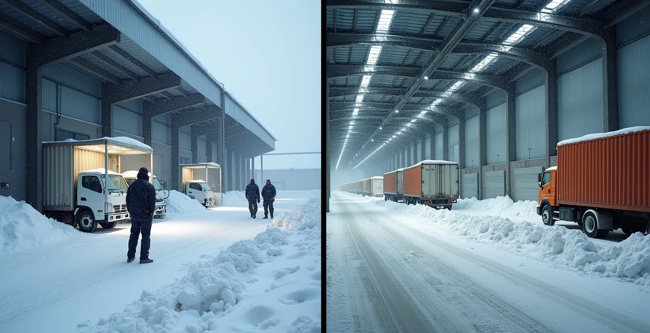 Comparaison visuelle montrant un entrepôt mal conçu avec accumulation de neige versus un design adapté avec zones de déneigement et quais protégés