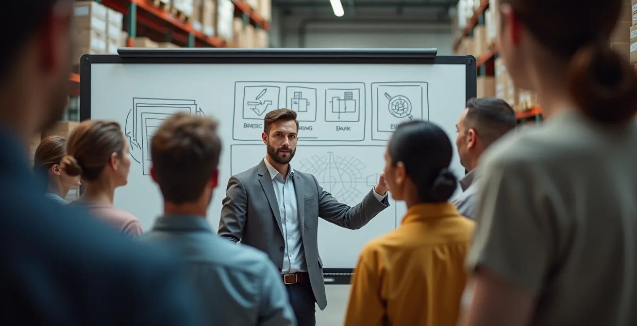 Équipe d'entrepôt en formation sur nouveau système WMS avec formateur expliquant les processus
