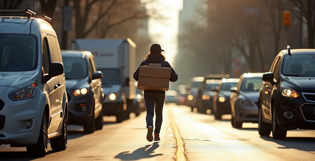 Vue aérienne du trafic montréalais avec livreurs et véhicules commerciaux créant de nouveaux patterns de circulation