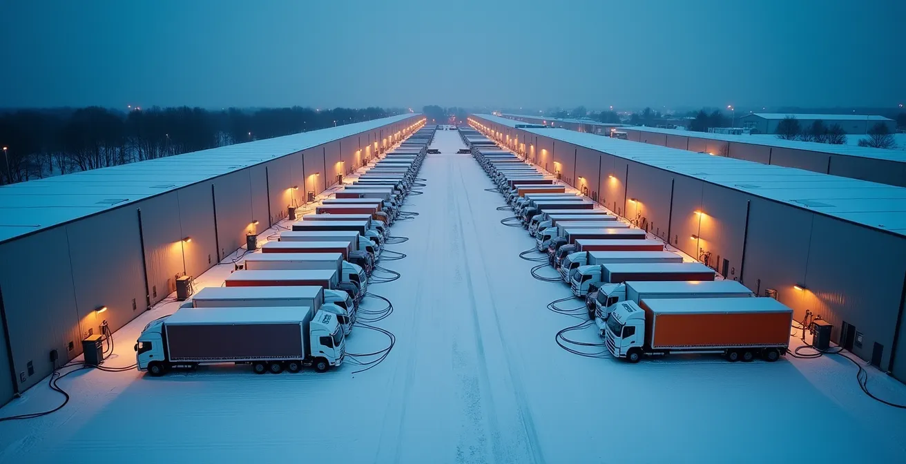 Vue d'ensemble d'un dépôt d'entreprise avec véhicules commerciaux électriques en charge
