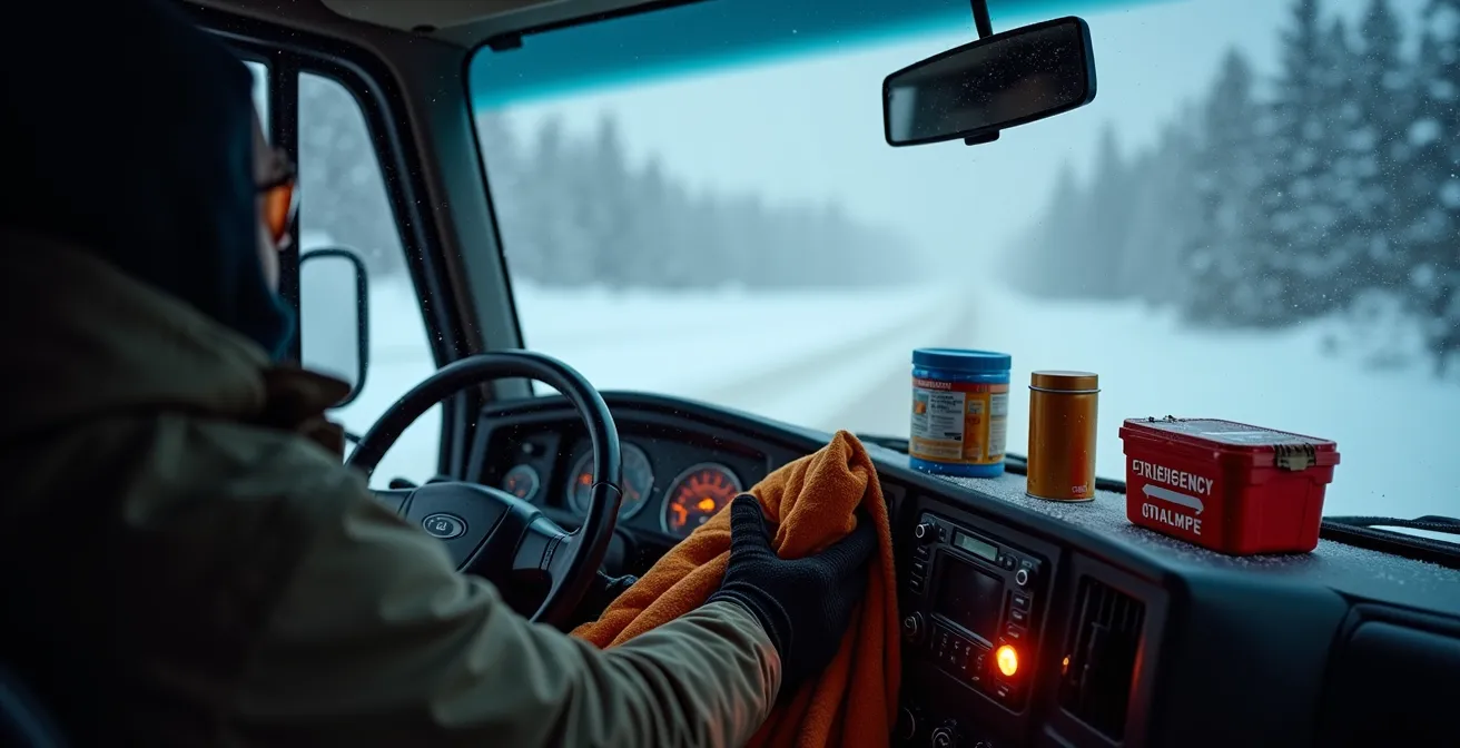 Vue de l'intérieur d'une cabine de camion pendant une tempête de neige avec équipement de survie visible