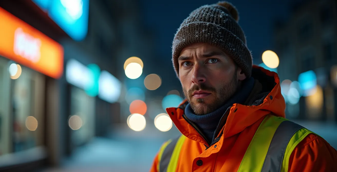 Portrait d'un livreur de nuit équipé pour l'hiver québécois avec veste haute visibilité et équipement de sécurité