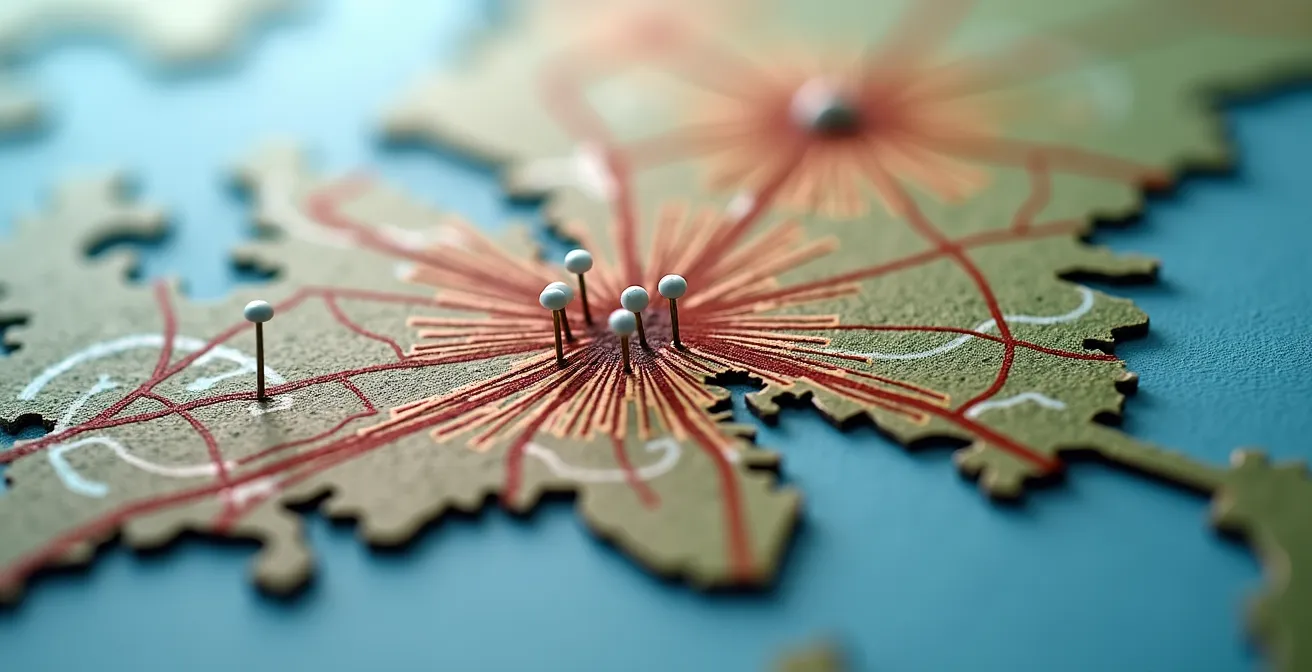 Visualisation macro de calculs de barycentre sur une carte topographique du Québec avec points de livraison pondérés