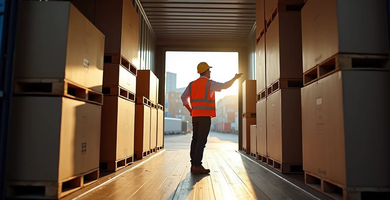 Vue intérieure d'un camion montrant l'optimisation de l'espace avec palettes organisées