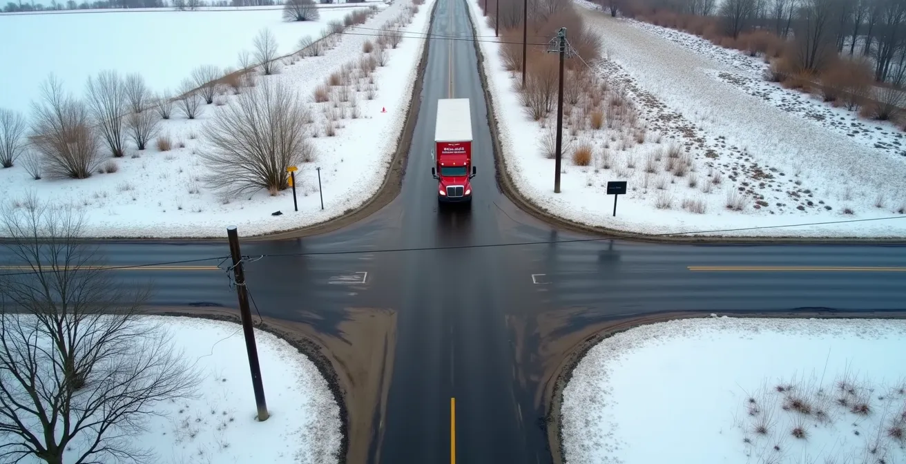 Vue aérienne minimaliste d'une intersection rurale québécoise montrant les dangers cachés