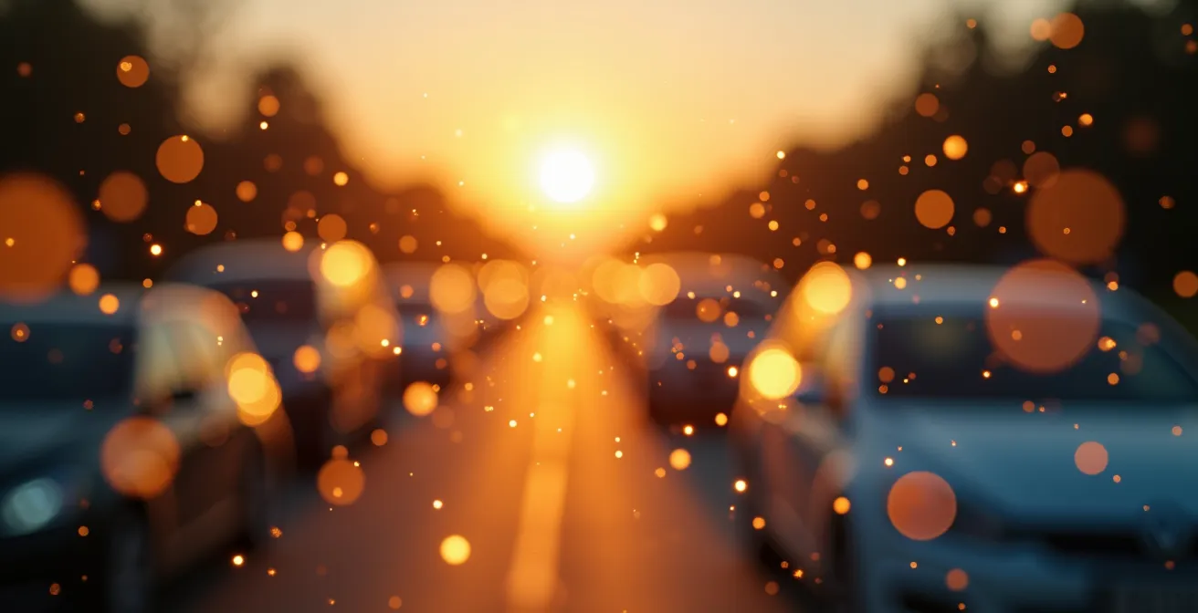 Gros plan macro sur les particules fines et polluants atmosphériques près d'une autoroute congestionnée