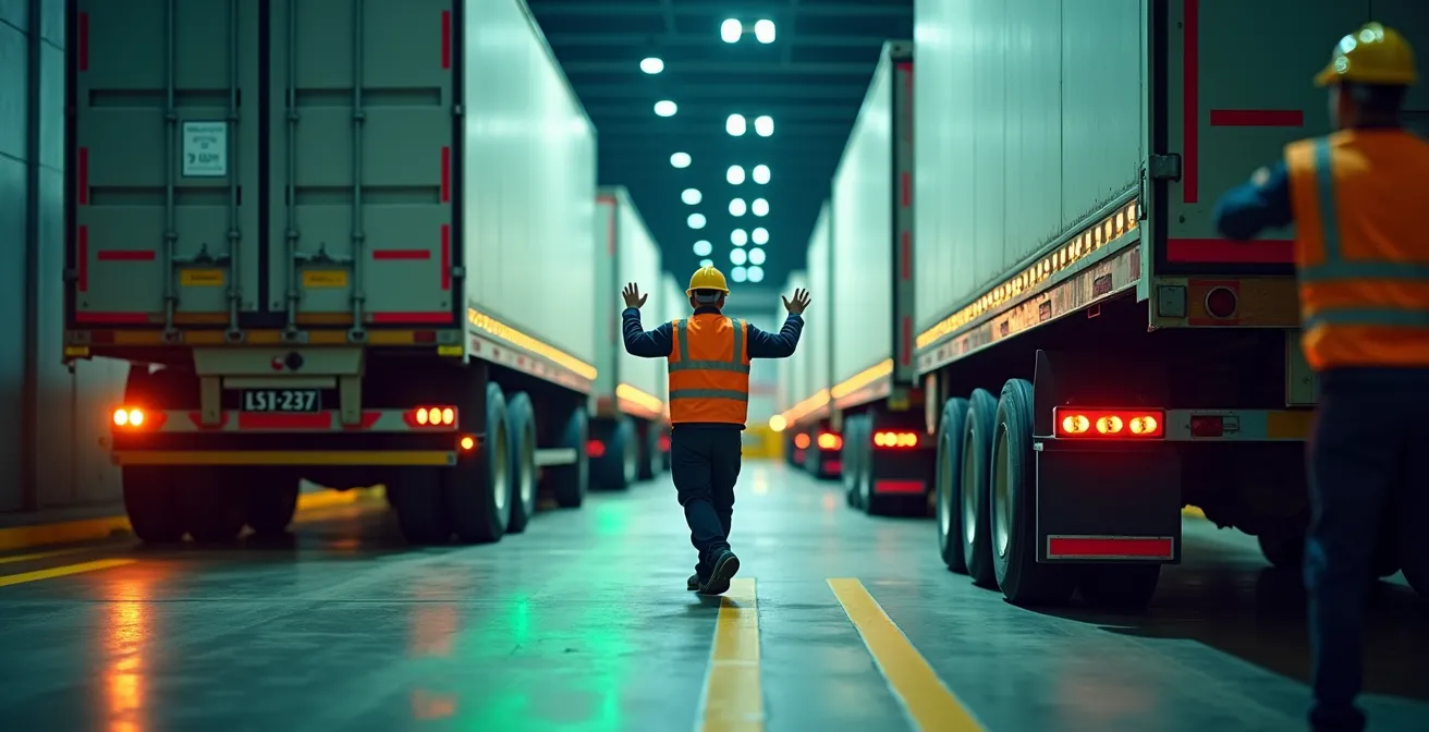 Vue latérale d'un quai de chargement moderne avec système de signalisation automatisé