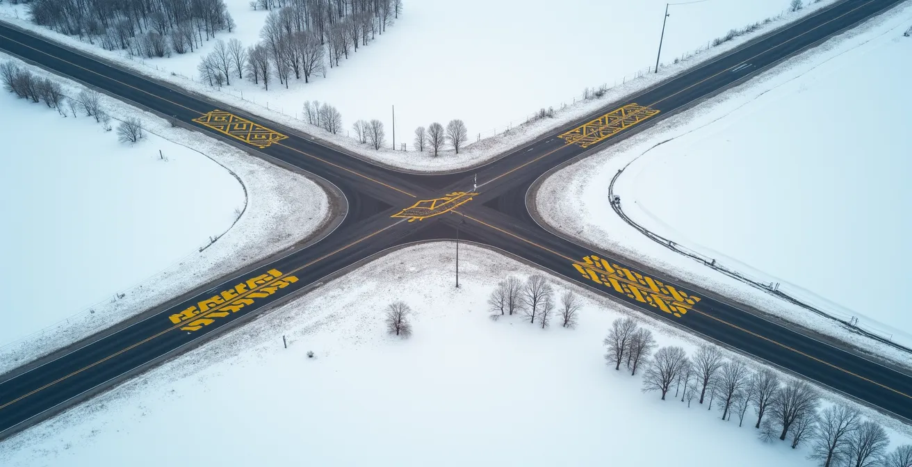 Vue aérienne d'une route québécoise montrant différents dangers potentiels à anticiper