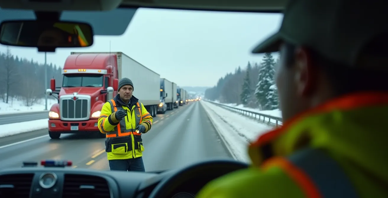 Scène de contrôle routier sur une autoroute québécoise capturée depuis l'angle d'un conducteur