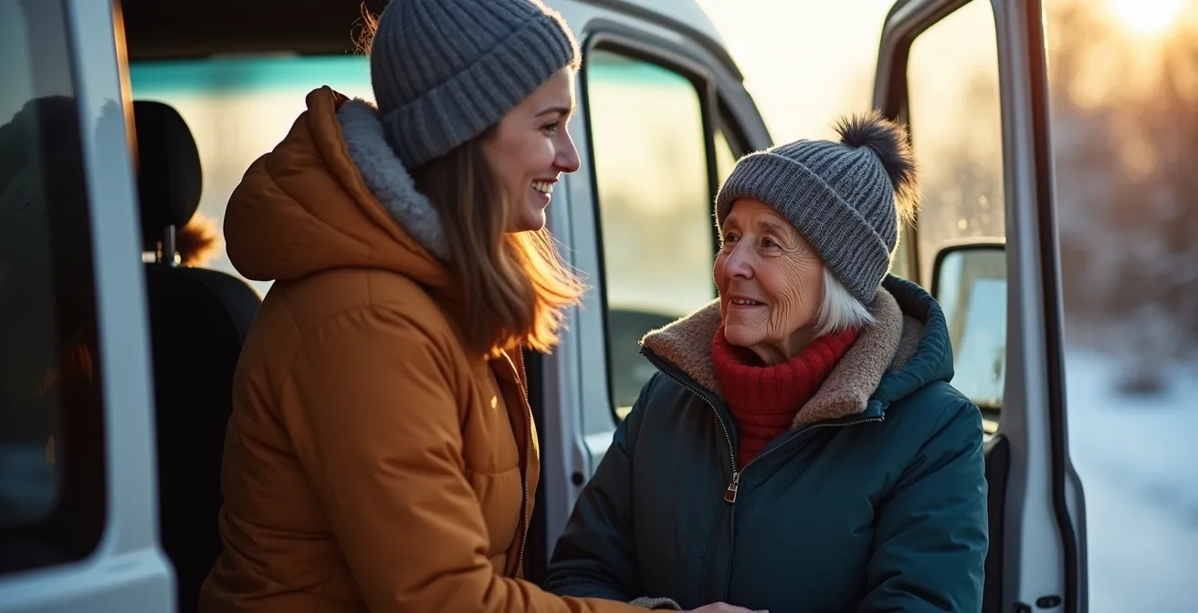 Scène chaleureuse montrant différentes générations partageant un moment de transport collectif en hiver
