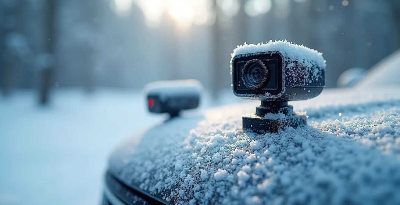 Gros plan sur les capteurs givrés d'un véhicule autonome lors d'une tempête de neige québécoise
