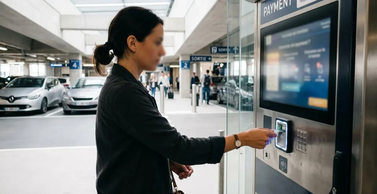 Personne de profil consultant une borne de paiement automatique dans un stationnement, main approchant une carte, écran flouté en arrière-plan