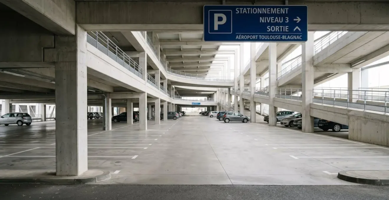 Vue grand angle d'un stationnement aéroportuaire multi-niveaux avec rangées de places vides et signalétique directionnelle sous lumière naturelle