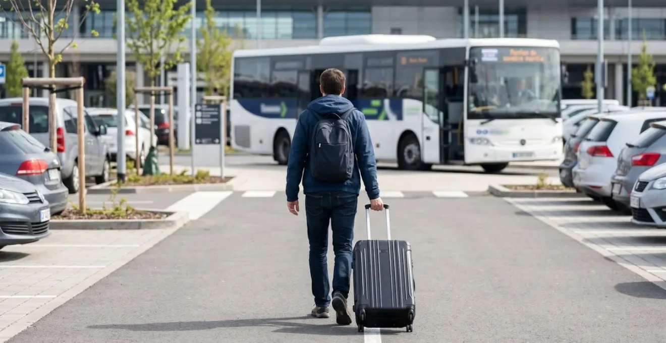 Voyageur de dos tirant une valise à roulettes en traversant une allée de stationnement extérieur vers une navette visible en arrière-plan