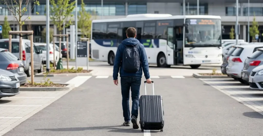 Voyageur de dos tirant une valise à roulettes en traversant une allée de stationnement extérieur vers une navette visible en arrière-plan Voyageur de dos tirant une valise à roulettes en traversant une allée de stationnement extérieur vers une navette visible en arrière-plan